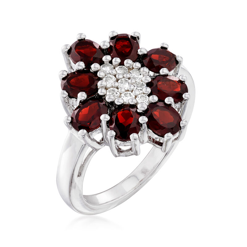 4.00 ct. t.w. Garnet and .30 ct. t.w. White Topaz Flower Ring in Sterling Silver image number 2
