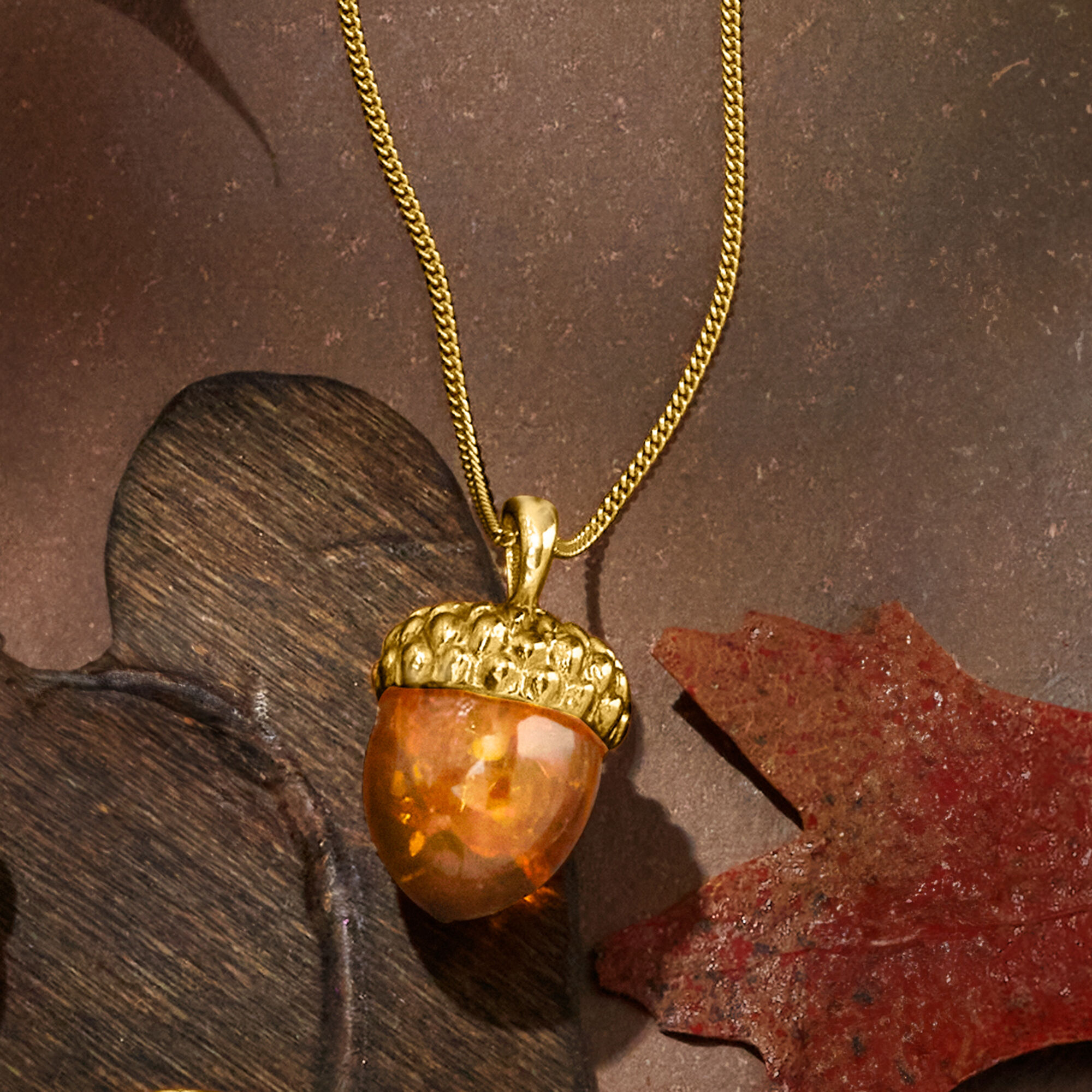 Amber Acorn Pendant Necklace in 18kt Gold Over Sterling