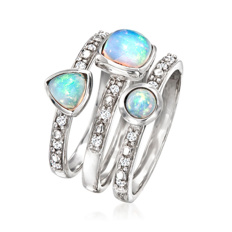 Opal and 22 ct. t.w. Diamond Jewelry Set: Three Stackable Rings in Sterling Silver image number 2
