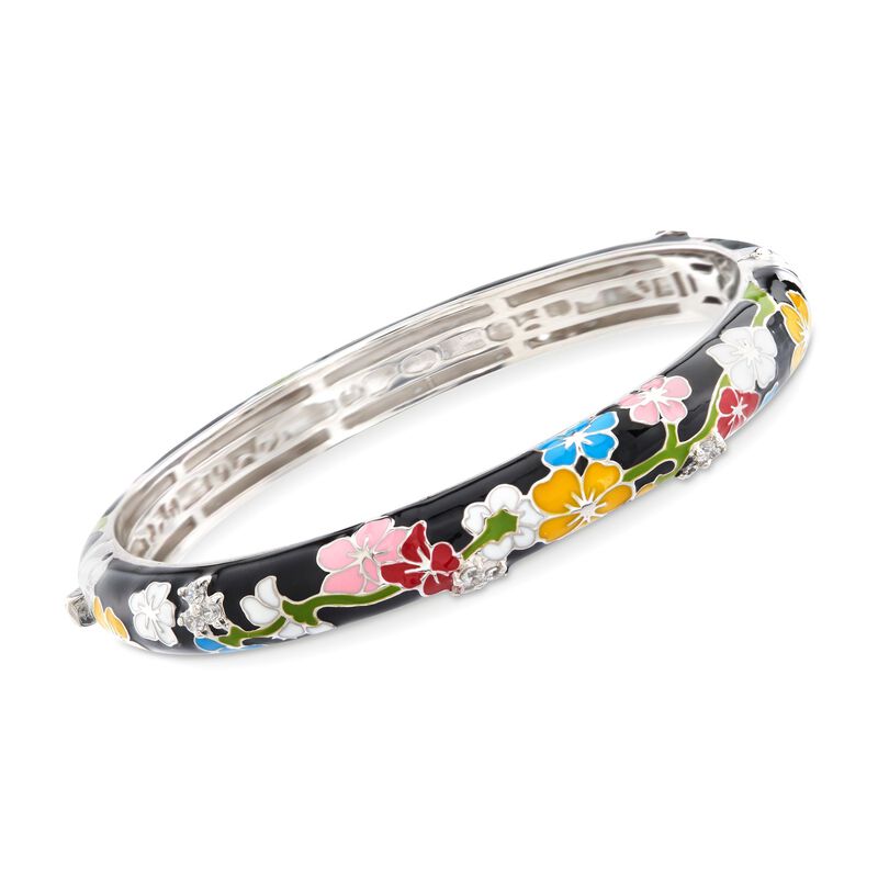 Belle Etoile &quot;Constellations: Sakura&quot; Multicolored Enamel and .50 ct. t.w. CZ Bangle Bracelet in Sterling Silver. 7&quot; image number 0