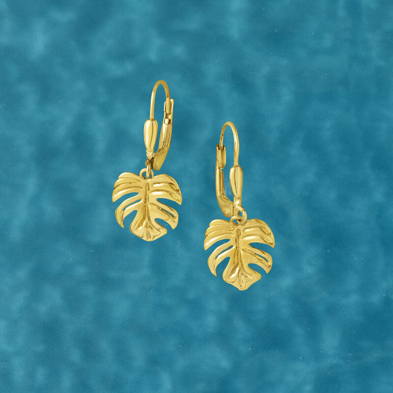 14kt Yellow Gold Monstera Leaf Drop Earrings image number 2