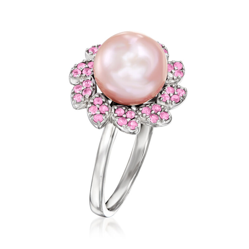 9-10mm Pink Cultured Pearl Flower Ring with .40 ct. t.w. Pink Sapphires in Sterling Silver image number 2