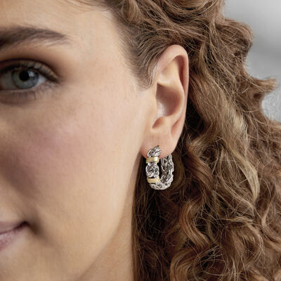 Sterling Silver and 18kt Gold Over Sterling Byzantine Bar Station Hoop Earrings