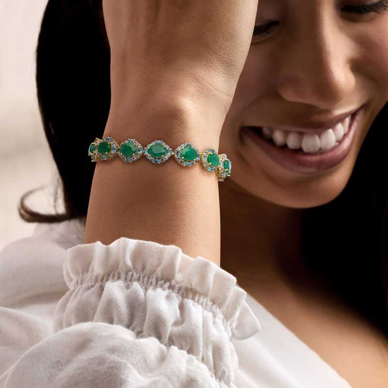 13.00 ct. t.w. Emerald and 7.10 ct. t.w. London Blue Topaz Bracelet in 18kt Gold Over Sterling image number 1