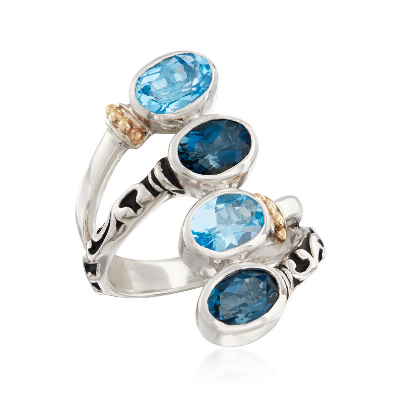 3.70 ct. t.w. Swiss and London Blue Topaz Bypass Ring in Sterling Silver with 14kt Gold image number 3