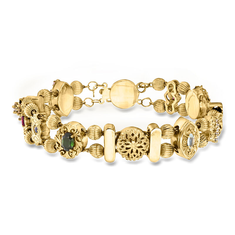 C. 1990 Vintage Multi-Gemstone and .70 ct. t.w. Diamond Slide Charm Bracelet with 2.5mm Cultured Pearls in 14kt Yellow Gold. 7.75" image number 0