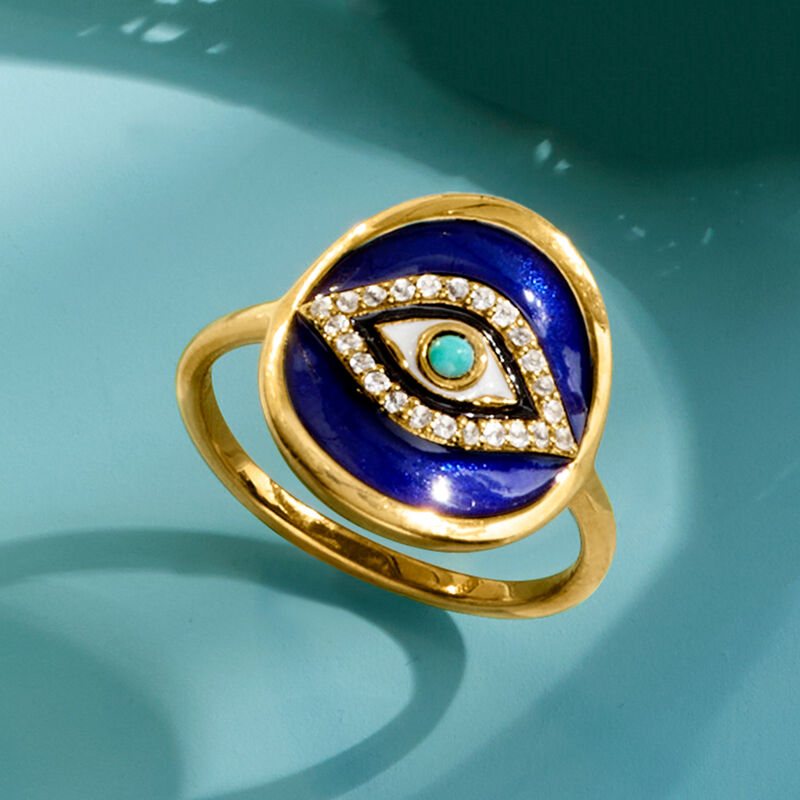 .10 ct. t.w. White Topaz and Multicolored Enamel Evil Eye Ring with Turquoise in 18kt Gold Over Sterling image number 3