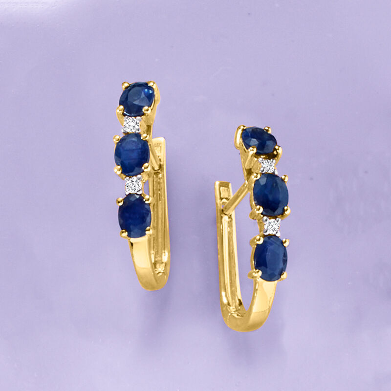 1.20 ct. t.w. Sapphire Hoop Earrings with Diamonds in 14kt Yellow Gold. 5/8&quot; image number 3