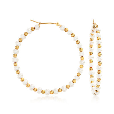 3-4mm Cultured Pearl Hoop Earrings in 14kt Yellow Gold