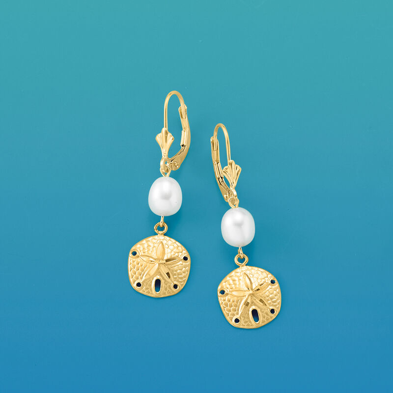 8x6mm Cultured Pearl Sand Dollar Drop Earrings in 14kt Yellow Gold image number 2
