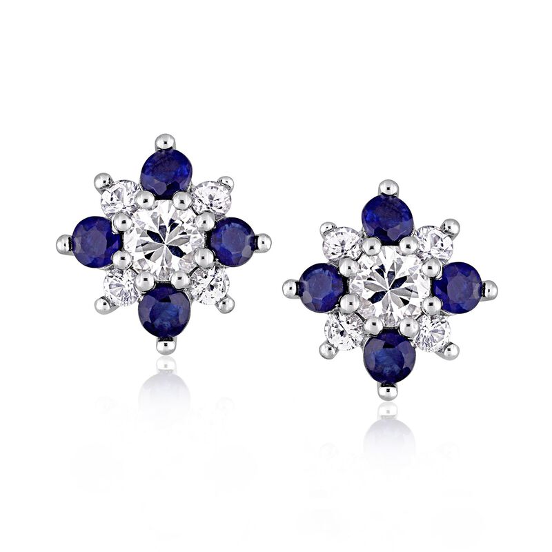 1.50 ct. t.w. White and Blue Sapphire Flower Earrings in 14kt White Gold image number 0