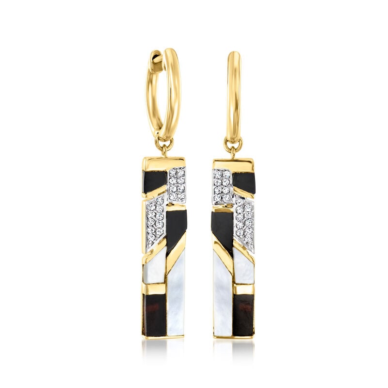 Mother-of-Pearl and Onyx Drop Earrings with .10 ct. t.w. White Topaz in 18kt Yellow Gold Over Sterling image number 0