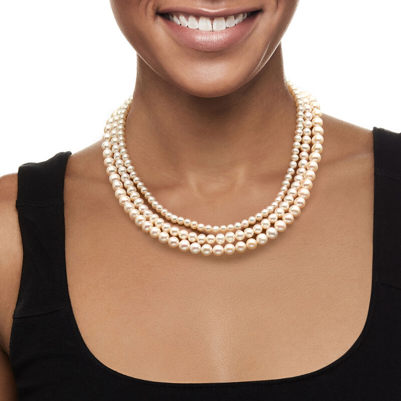 5-8mm Cultured Pearl Three-Strand Necklace with Sterling Silver image number 1
