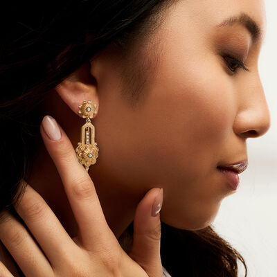 C. 1970 Vintage Seed Pearl Floral Drop Earrings in 14kt Yellow Gold