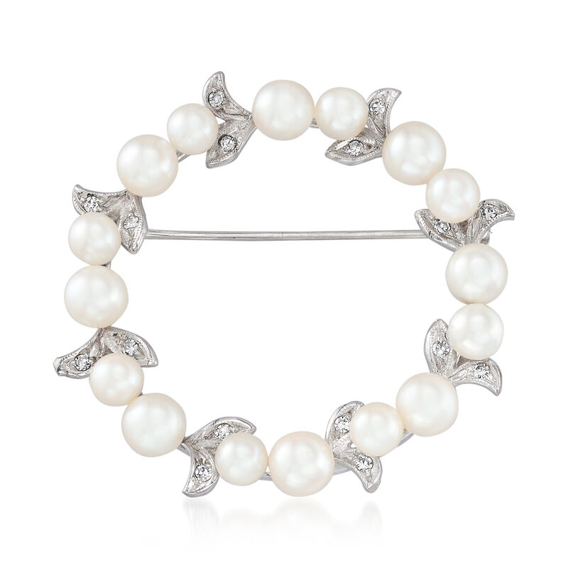 C. 1970 Vintage 4x5.5mm Cultured Pearl and .25 ct. t.w. Diamond Circle Pin in 14kt White Gold image number 0