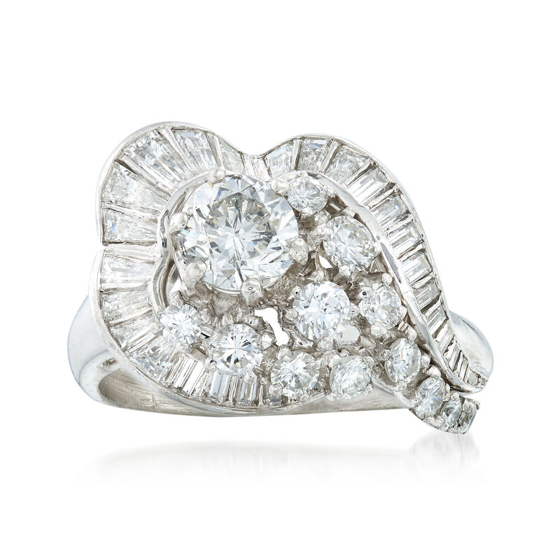 C. 1970 Vintage 2.20 ct. t.w. Round and Baguette Diamond Ring in Platinum image number 0