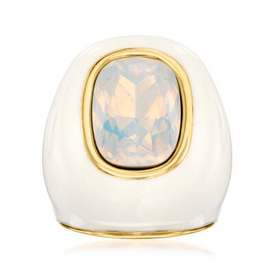 14kt Yellow Gold-Plated Ring with Simulated White Gemstone and White Enamel