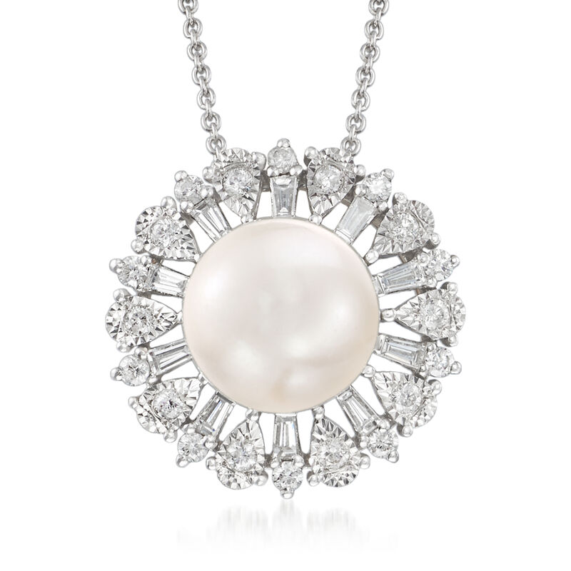 9-10mm Cultured South Sea Pearl and .50 ct. t.w. Diamond Pendant Necklace in 18kt White Gold. 18&quot; image number 1