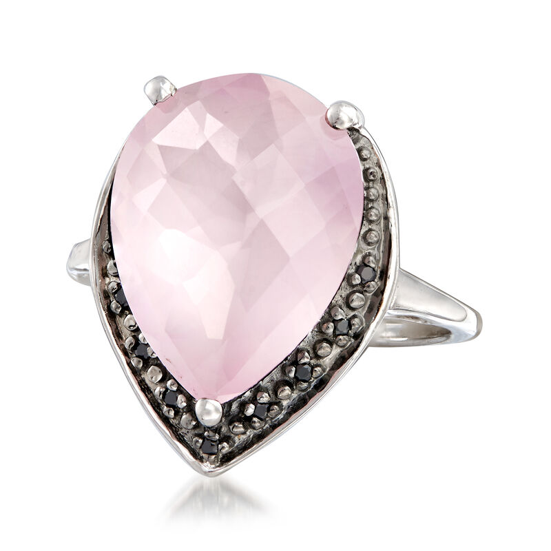 6.25 Carat Rose Quartz Pear-Shaped Ring with Black Spinel Accents in Sterling Silver  image number 3