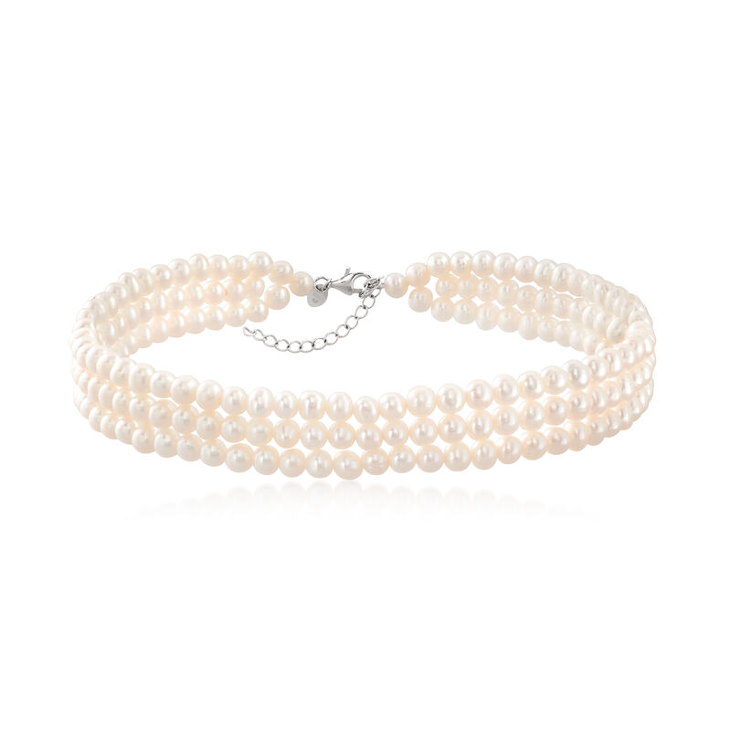 5-6mm Cultured Pearl Three-Row Choker Necklace in Sterling Silver. 14&quot; image number 1