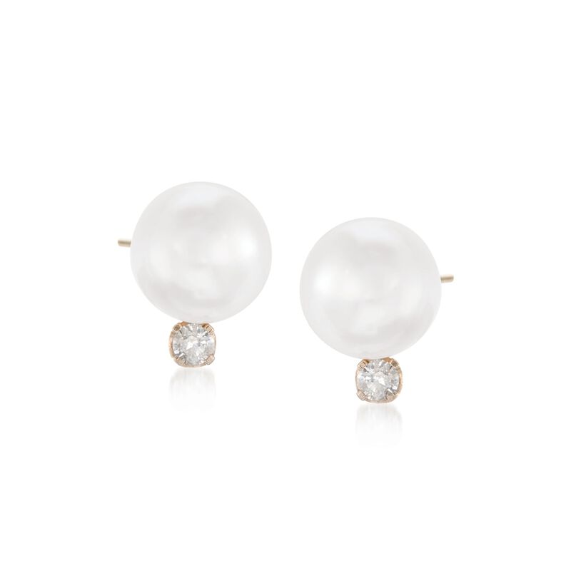8-8.5mm Cultured Akoya Pearl and .15 ct. t.w. Diamond Earrings in 14kt Yellow Gold image number 0