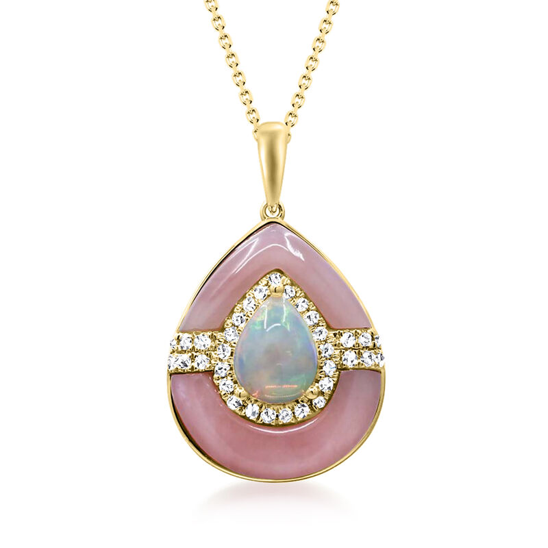 Opal, Pink Mother-of-Pearl and .32 ct. t.w. Diamond Pendant Necklace in 14kt Yellow Gold. 16&quot; image number 0