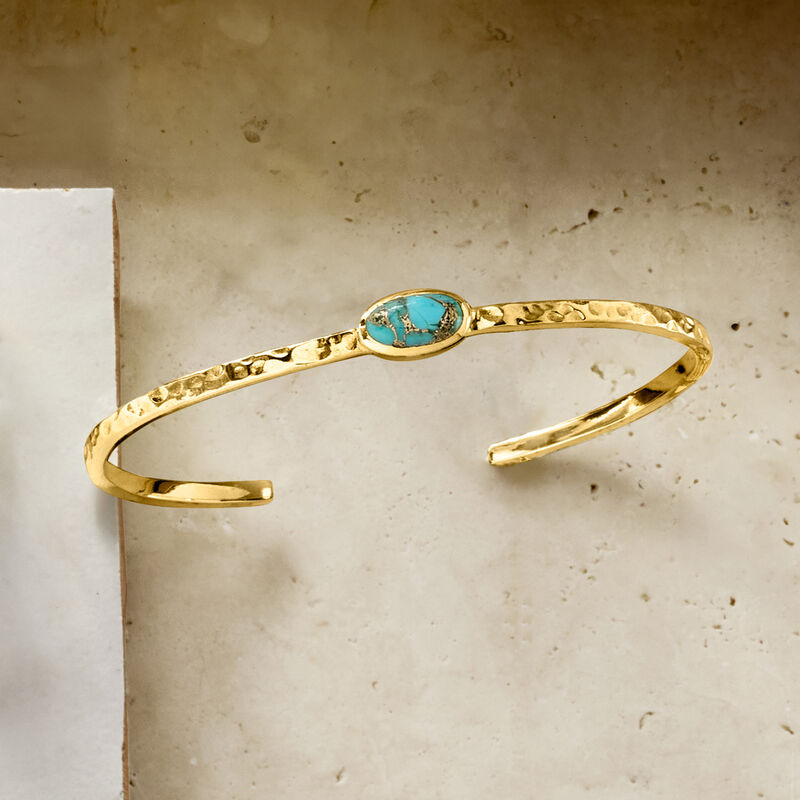Turquoise Hammered Cuff Bracelet in 18kt Gold Over Sterling image number 2