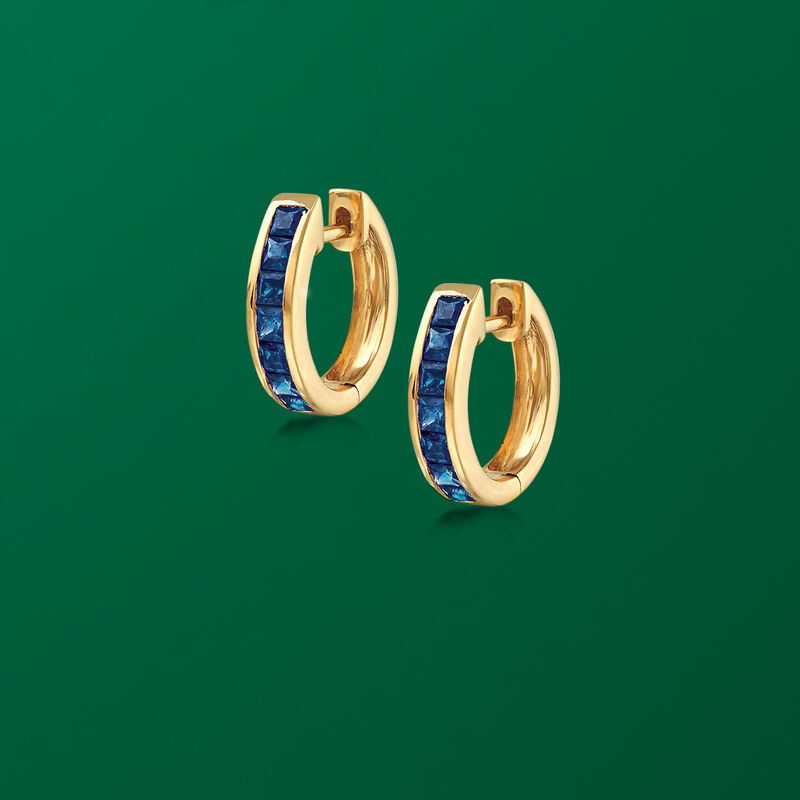 .80 ct. t.w. Sapphire Huggie Hoop Earrings in 14kt Yellow Gold. 3/8&quot; image number 2