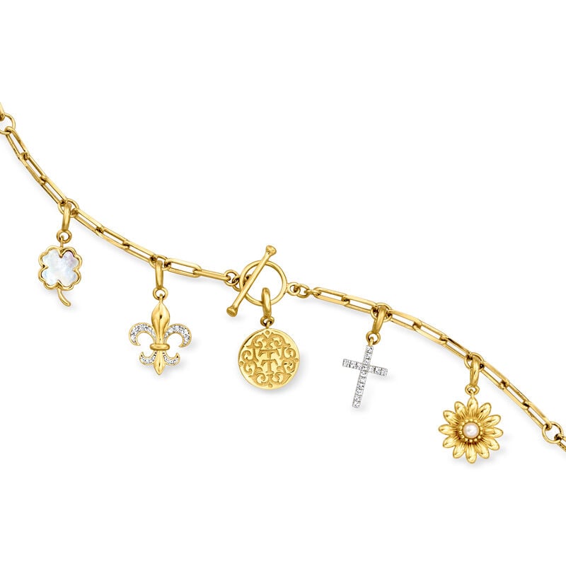 18kt Gold Over Sterling "T and T Twin Talk" Multi-Charm Paper Clip Link Toggle Necklace image number 3
