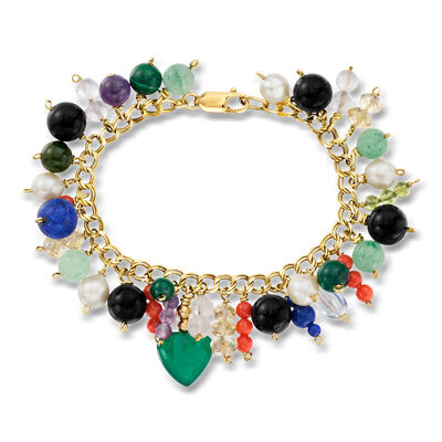 C. 1975 Vintage 56.30 ct. t.w. Multi-Gemstone and 7-9mm Cultured Pearl Bead Drop Bracelet in 14kt Yellow Gold