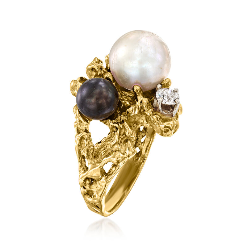C. 1970 Vintage 6.5-9mm Cultured Black and White Pearl Ring with .20 Carat Diamond in 14kt Yellow Gold. Size 7.5 image number 2