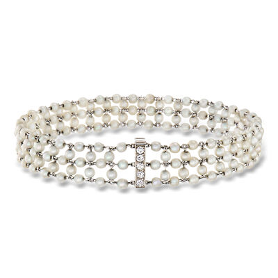 C. 1950 Vintage 2.5mm Cultured Pearl and .18 ct. t.w. Diamond Bracelet in 18kt White Gold