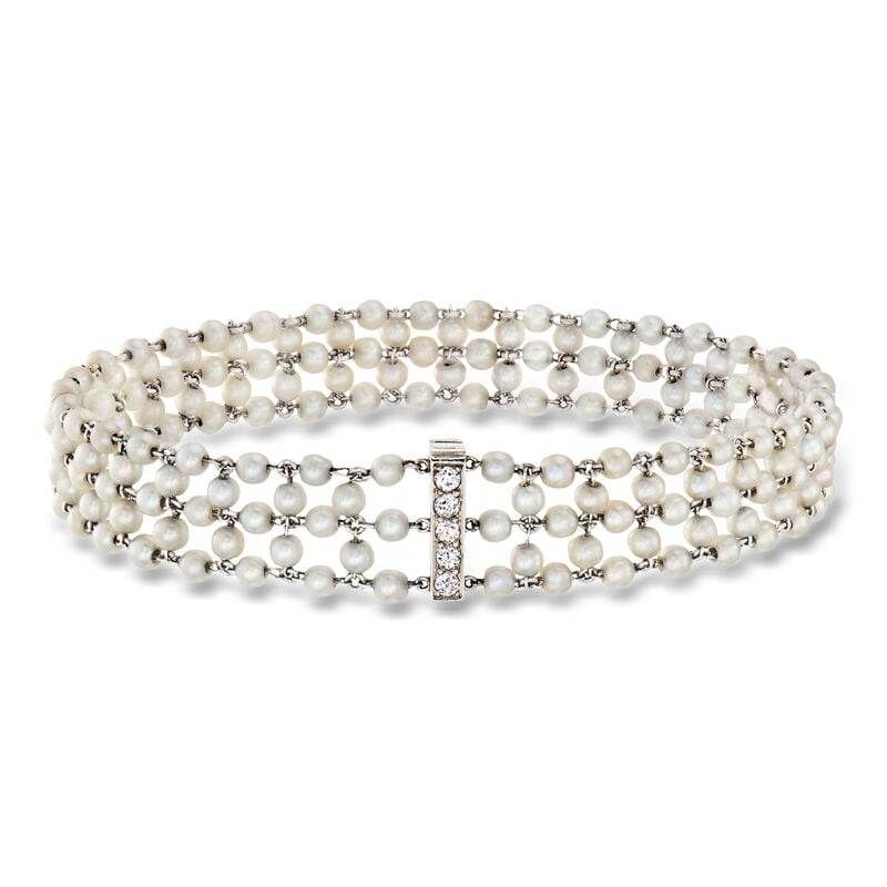 C. 1950 Vintage 2.5mm Cultured Pearl and .18 ct. t.w. Diamond Bracelet in 18kt White Gold. 7" image number 0