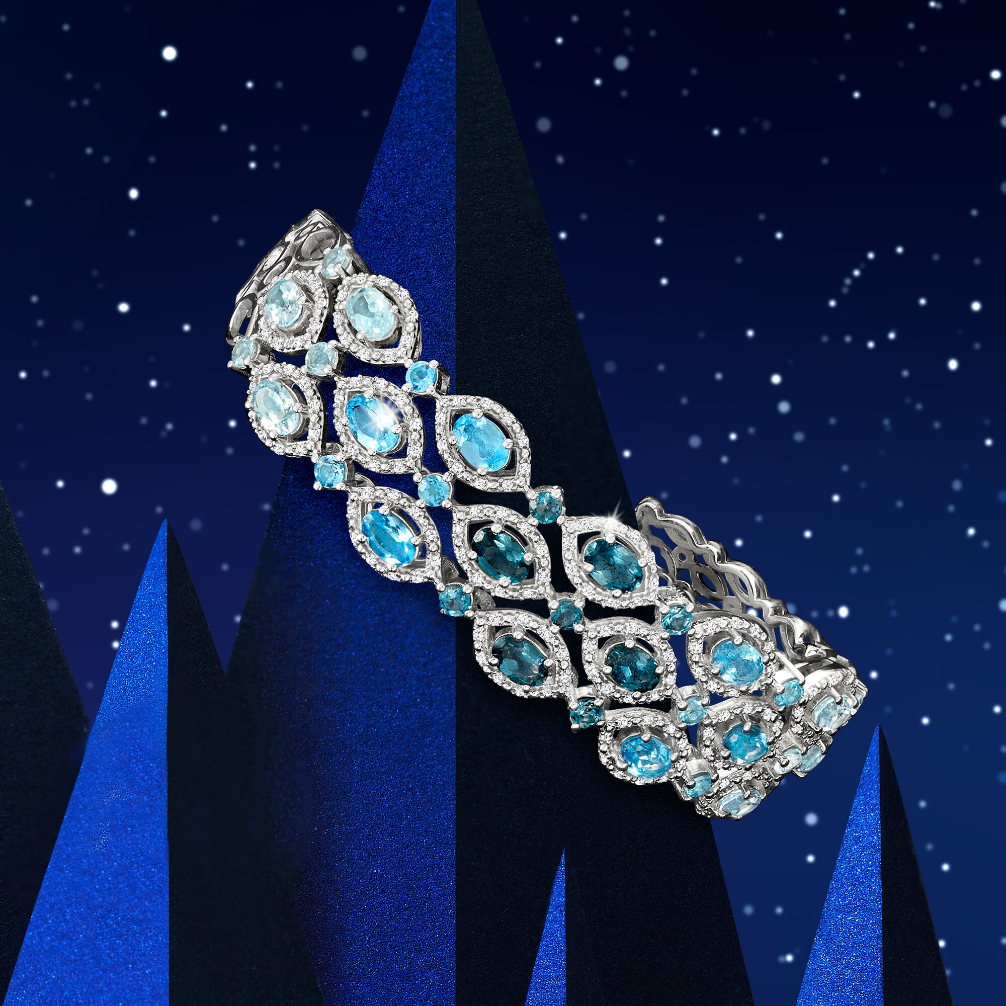 8.90 ct. t.w. Tonal Blue Topaz and 1.00 ct. t.w. White Zircon Cuff Bracelet  in Sterling Silver