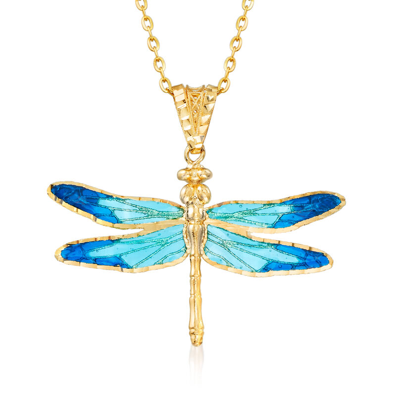 Italian Tonal Blue Enamel and 18kt Yellow Gold Dragonfly Pendant Necklace image number 0