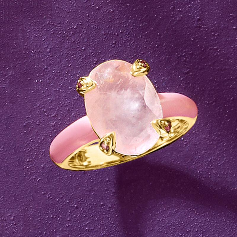 5.00 Carat Rose Quartz Ring with Rhodolite Garnet and Pastel Pink Enamel in 18kt Gold Over Sterling image number 3