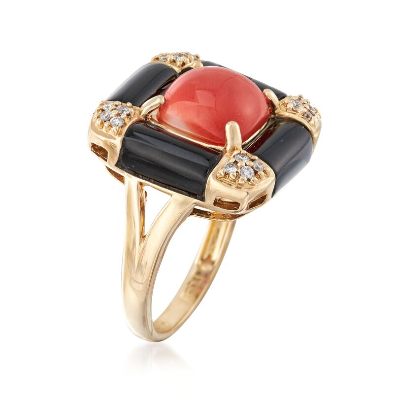 Red Coral and Black Onyx Ring with .14 ct. t.w. Diamonds in 14kt Yellow Gold image number 2