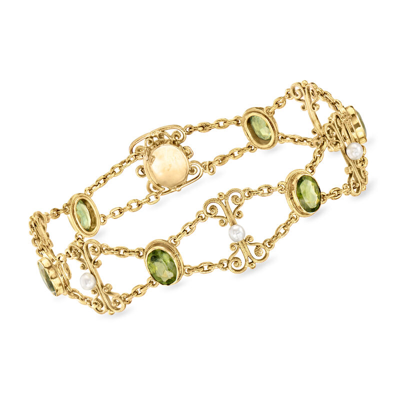 C. 1970 Vintage 5.25 ct. t.w. Peridot and 3mm Cultured Pearl Scroll Bracelet in 18kt Yellow Gold. 7.25&quot; image number 0