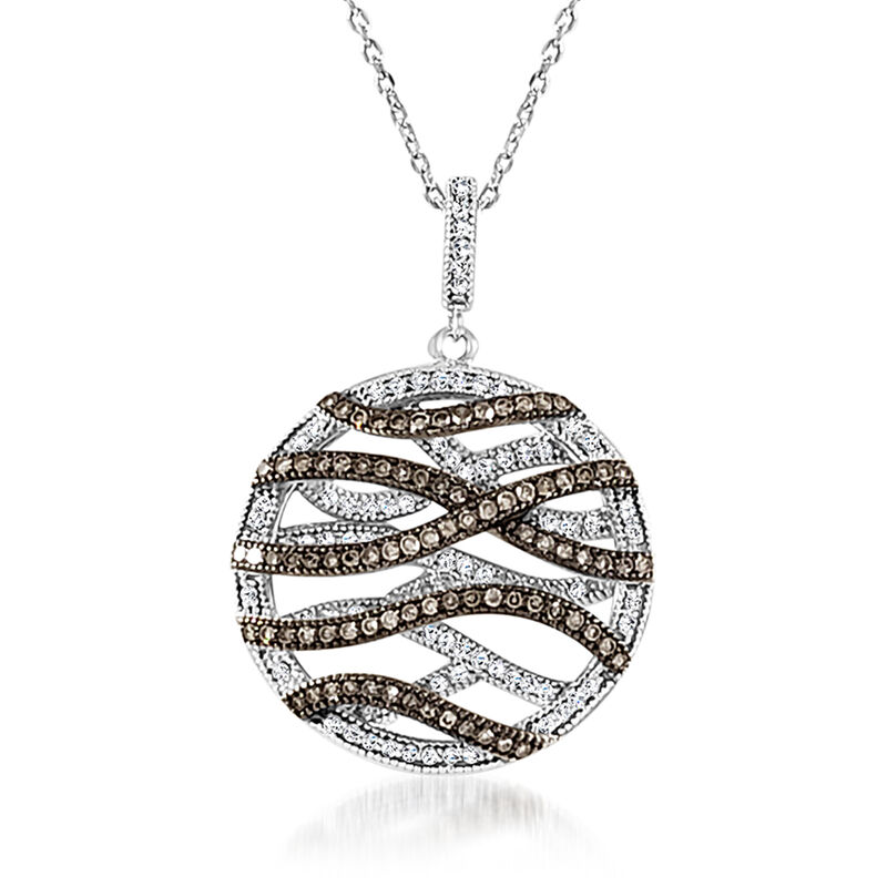 .94 ct. t.w. White and Brown Diamond Wavy Circle Pendant Necklace in 14kt White Gold. 16&quot; image number 0