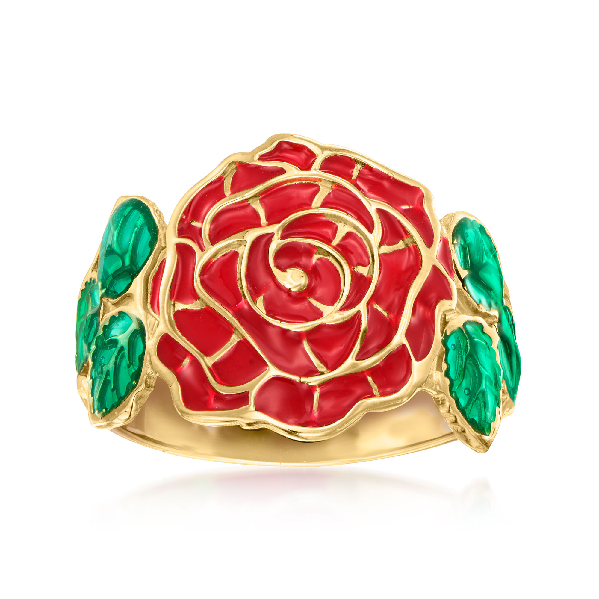 Italian Red and Green Enamel Rose Ring in 14kt Yellow Gold
