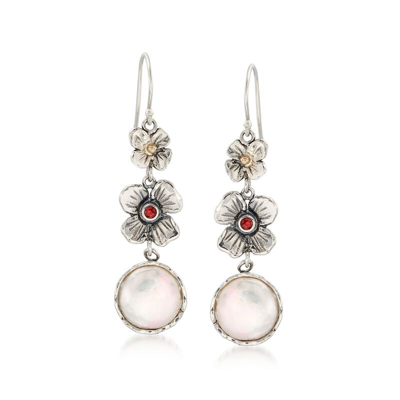 12mm Cultured Coin Pearl Floral Drop Earrings with Garnets in Sterling and 14kt Gold image number 0