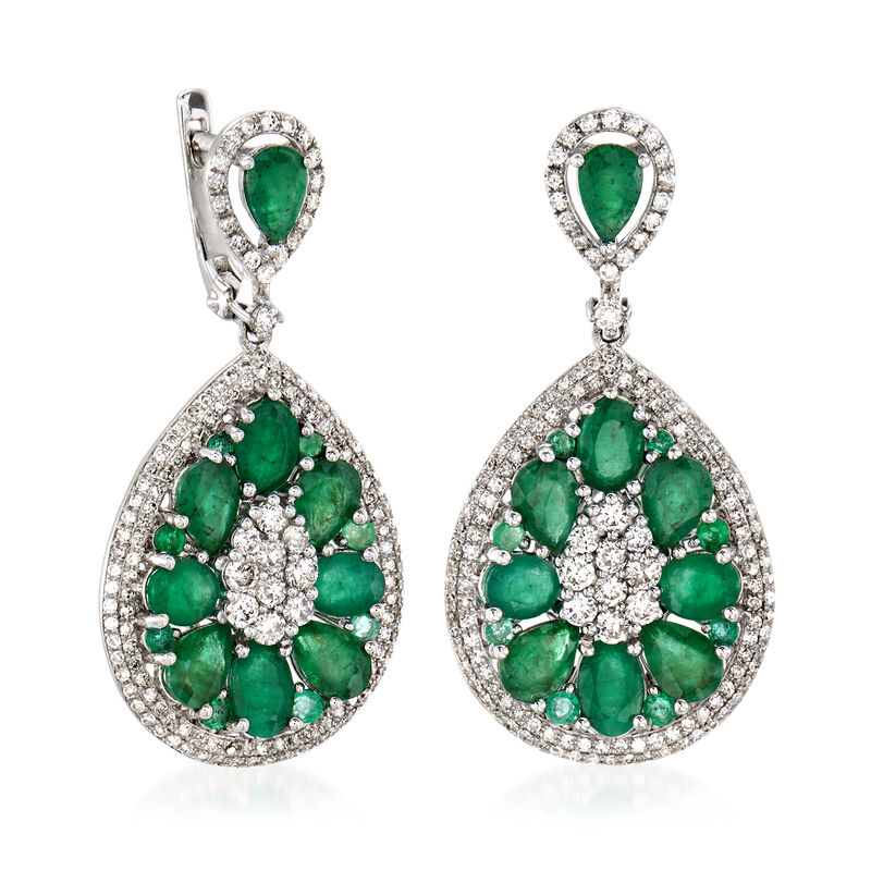 7.30 ct. t.w. Emerald and 1.65 ct. t.w. Diamond Drop Earrings in 18kt White Gold image number 2