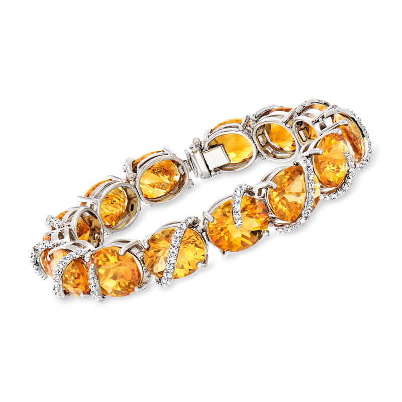 C. 1990 Vintage 80.00 ct. t.w. Citrine and 2.20 ct. t.w. Diamond Link Bracelet in 18kt White Gold. 6.75&quot; image number 0