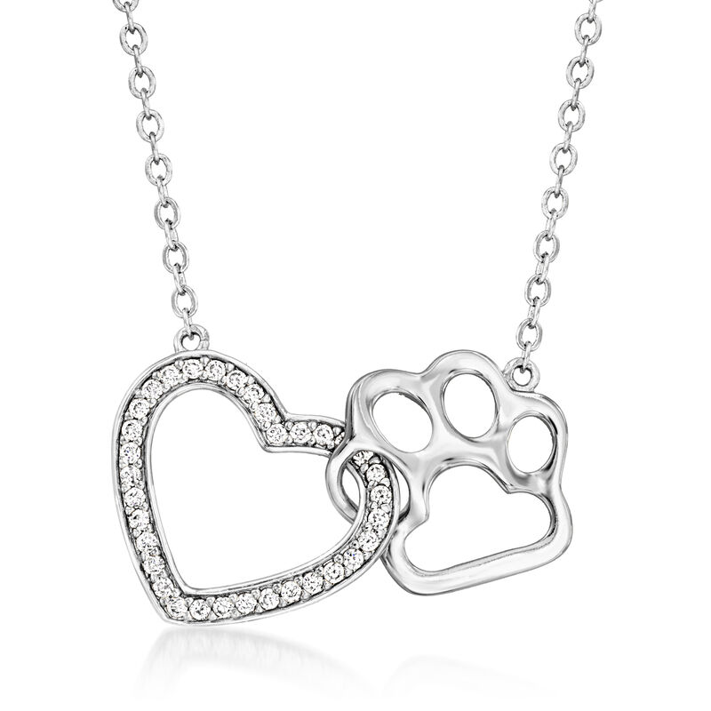 .30 ct. t.w. White Topaz Heart and Paw Necklace in Sterling Silver. 18&quot; image number 1