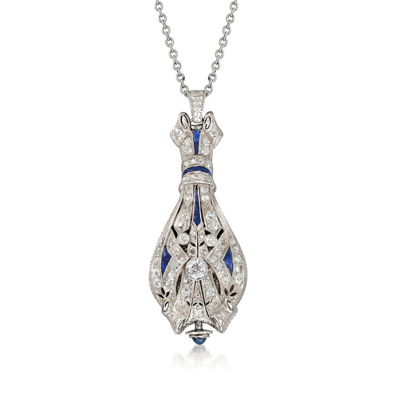 C. 1910 Vintage Ebel 1.15 ct. t.w. Diamond and .40 ct. t.w. Synthetic Sapphire Watch Pendant Necklace in Platinum and 14kt White Gold image number 0