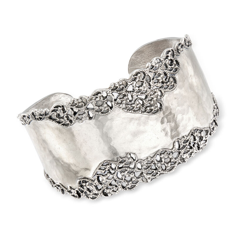 Sterling Silver Hammered and Polished Filigree-Edge Wide Cuff Bangle Bracelet. 8&quot; image number 0