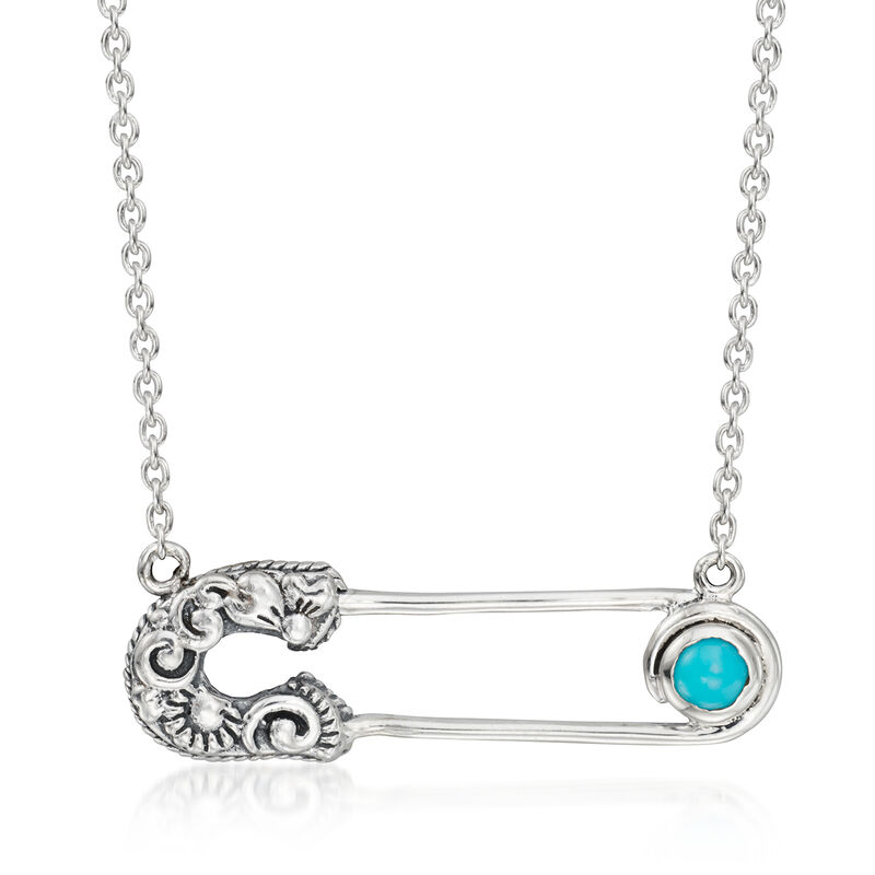 Turquoise Bali-Style Safety Pin Necklace in Sterling Silver. 18" image number 1