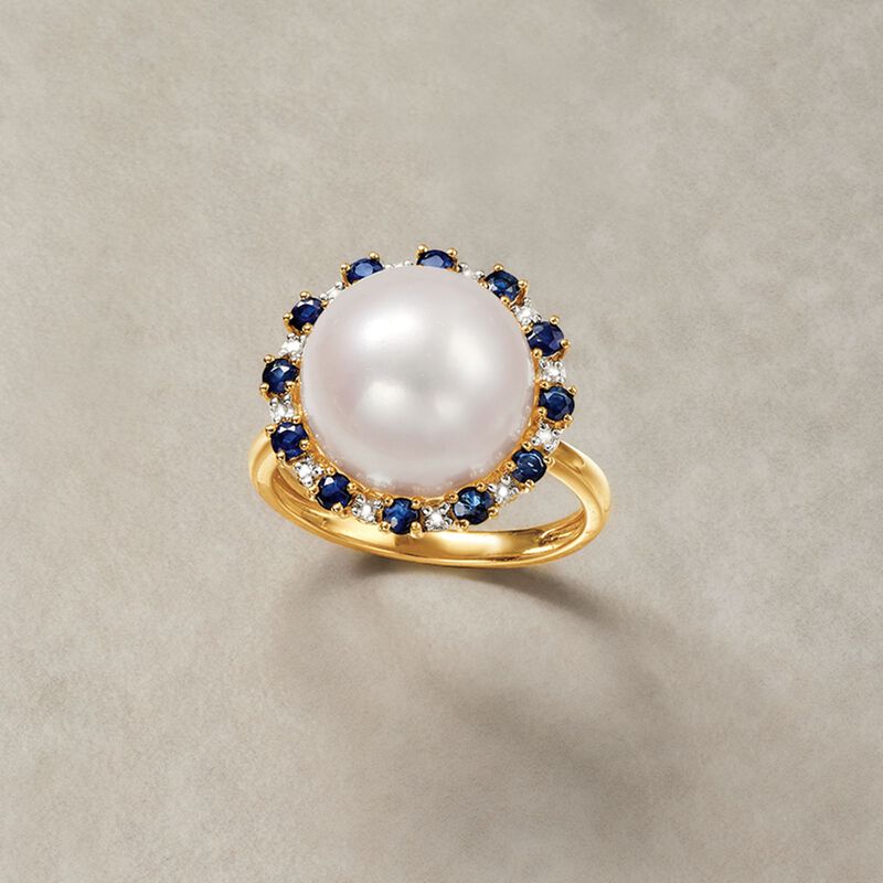12.5-13mm Cultured Button Pearl and .60 ct. t.w. Sapphire Ring with Diamonds in 14kt Yellow Gold image number 3