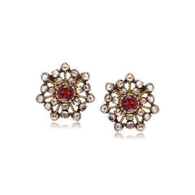 C. 1960 Vintage 2.10 ct. t.w. Diamond and 1.70 ct. t.w. Garnet Snowflake Earrings in 18kt Gold Over Sterling