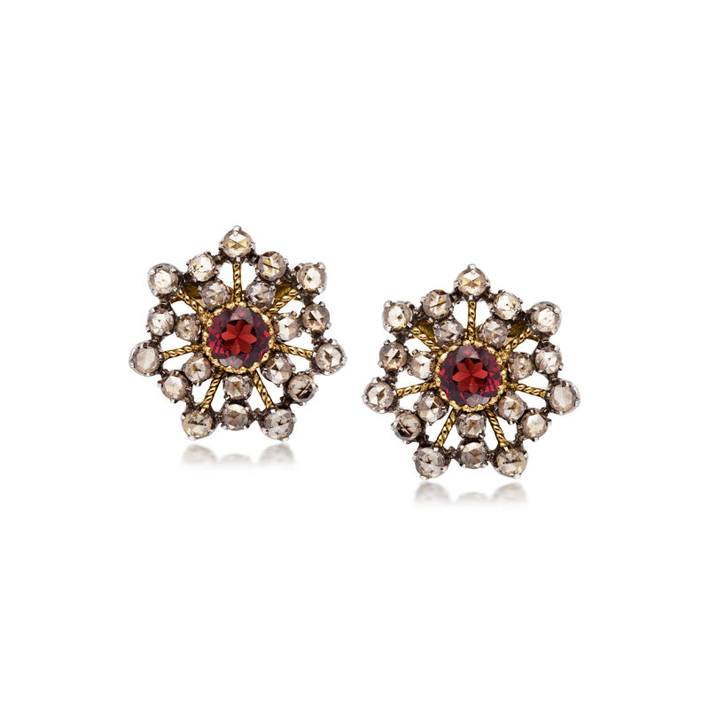 C. 1960 Vintage 2.10 ct. t.w. Diamond and 1.70 ct. t.w. Garnet Snowflake Earrings in 18kt Gold Over Sterling  image number 0